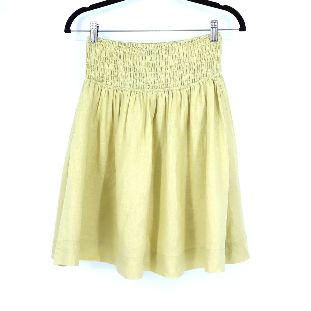ATM Smocked Waist Linen Skirt Pale Chartreuse Pull-On Lined Miniskirt Women's S